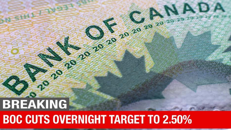 BoC Trims Overnight Rate 25 Bps to 2.50%